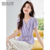 盘扣收腰小衫 熙世界V领短袖 复古通勤气质中式 女夏2024新款 雪纺衫