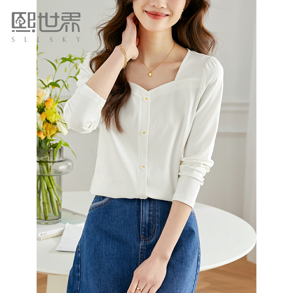 熙世界2024春秋新款钻石v领白色t恤女长袖设计感百搭棉质体恤上衣