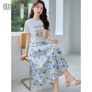 t恤半身裙子两件套 熙世界艺术感油画印花套装 女时尚 2025夏季 短袖
