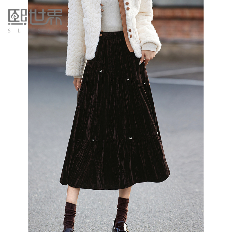 熙世界褶皱哑光丝绒半身裙女早春新款设计感钉蝴蝶结a字蛋糕半裙