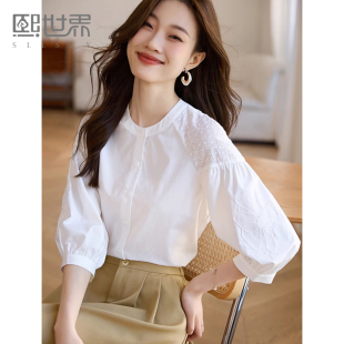 熙世界白色天丝衬衫女夏2025初秋新款独特别致法式七分袖衬衣上衣