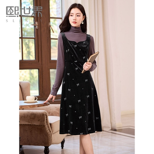 熙世界黑色复古刺绣丝绒吊带长裙女秋冬季法式优雅无袖背心连衣裙