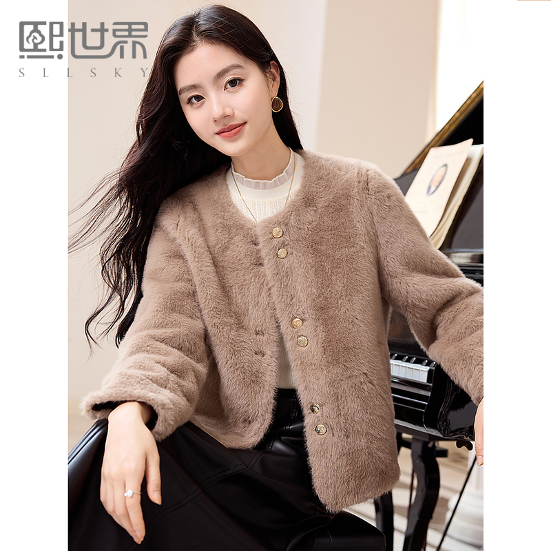 熙世界小香风仿貂毛短款保暖外套