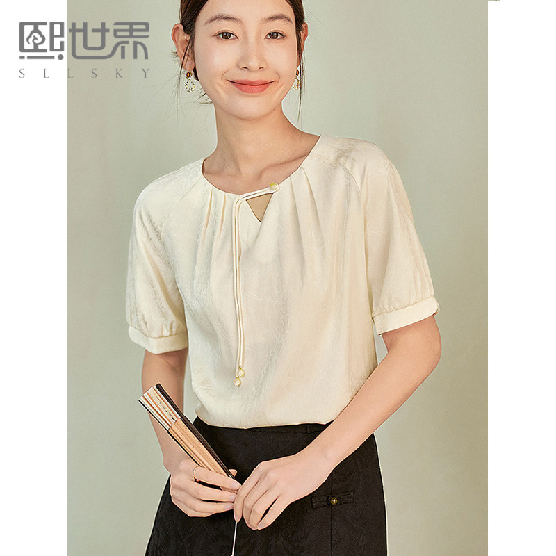 熙世界新中式流苏扣提花醋酸雪纺衬衣女2024夏季新款马面裙的上衣