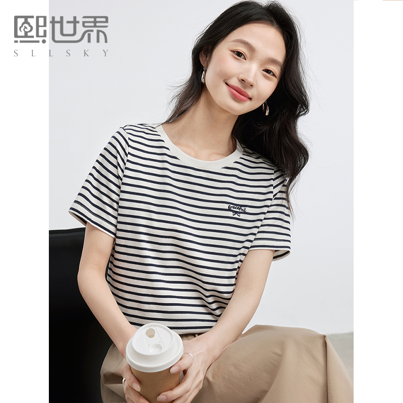 熙世界航海系条纹T恤女短袖2025年新款夏季时尚刺绣正肩体恤上衣