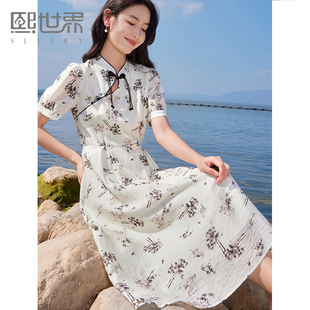 熙世界2024夏装新款中式墨竹碎花亚麻连衣裙女高级感复古国风裙子