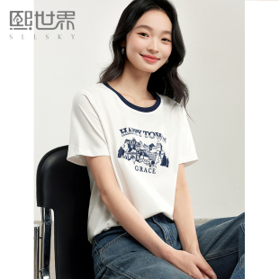 熙世界2025春夏新款 休闲撞色圆领上衣 美式 复古建筑印花T恤女短袖