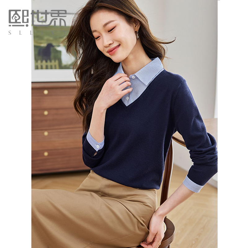 熙世界衬衫领假两件女士针织衫