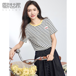 熙世界正肩条纹T恤短袖女2026夏新款时尚小个子休闲撞色圆领上衣