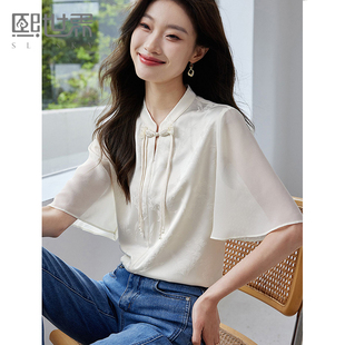 熙世界新中式盘扣提花雪纺衫女2025年夏装新款国风荷叶袖小衫上衣