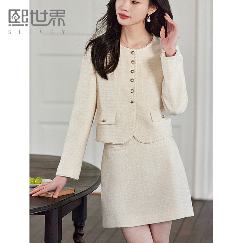 熙世界小香风套装女小个子2025春新款法式名媛短外套半身裙两件套