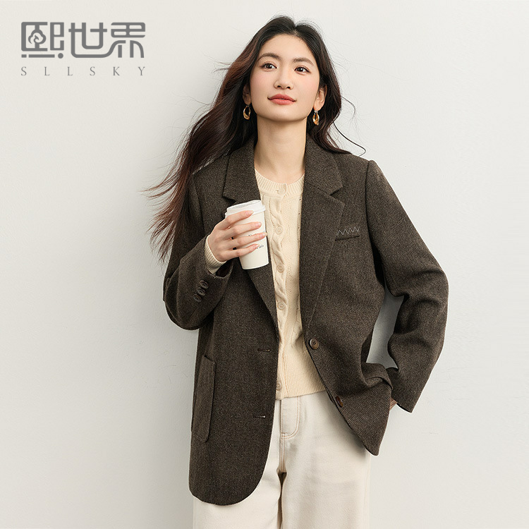 熙世界格雷老钱风毛呢西装外套女秋冬2025年新款休闲通勤羊毛大衣