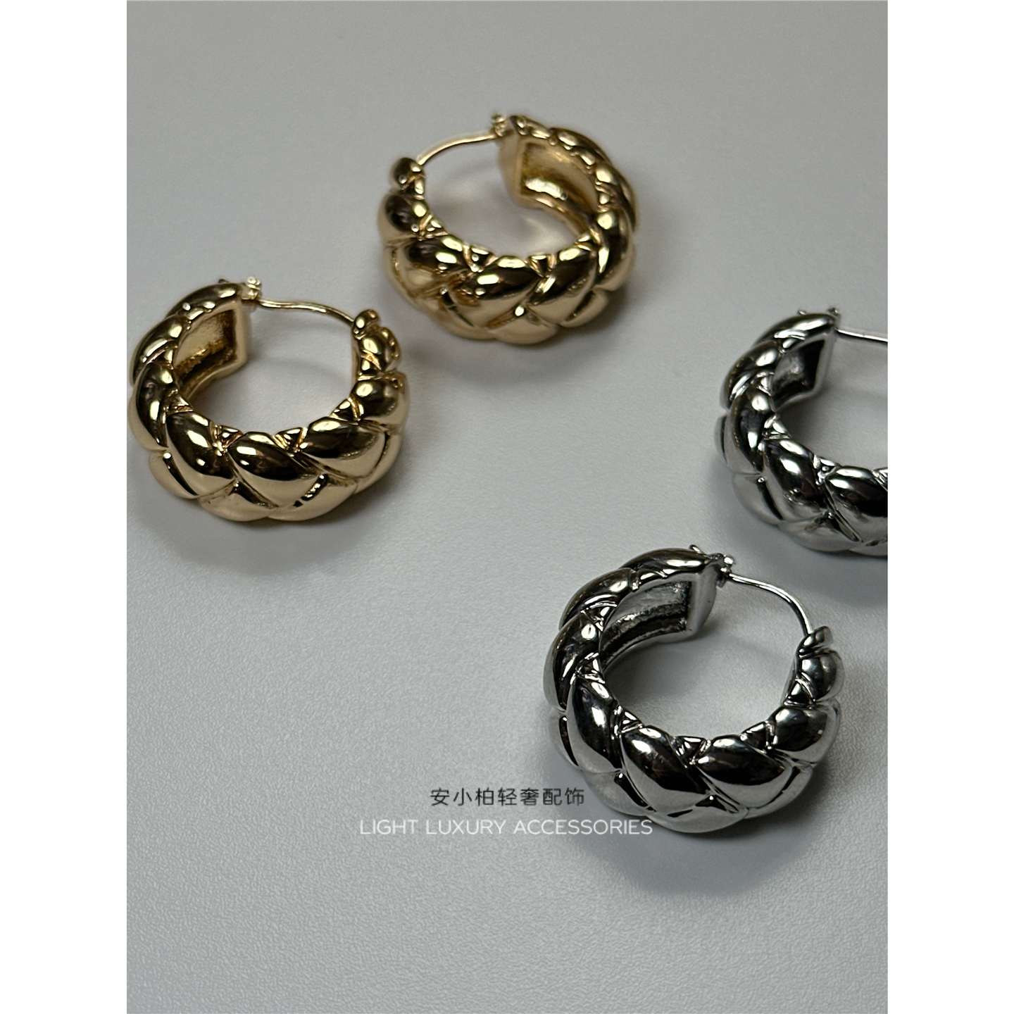 欧美风hoop格纹金属耳环女高级感