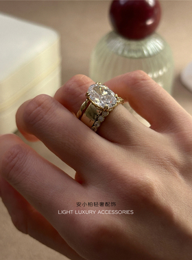 安小柏◆经典老钱风 巨美！通体s925纯银镀14k金鸽子蛋戒指欧美女