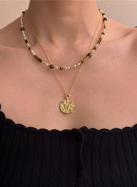 安小柏◆法式复古小众设计轻奢美拉德虎眼石和纯银蝴蝶项链组合女