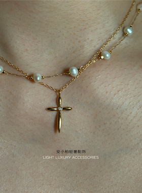 安小柏 叠带好看！通体s925纯银立体十字架项链简约法式极简气质