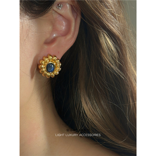 安小柏◆ 欧美复古青金石耳钉中古法式vintage气质时髦老钱耳环女