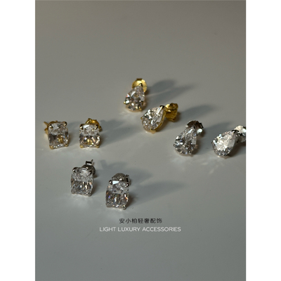 安小柏 牛闪！！通体s925纯银高碳钻冰花切耳钉钻石耳环1克拉水滴