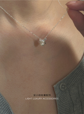 安小柏◆通体S925纯银日韩蝴蝶结珍珠锁骨链女式项链小众设计甜美