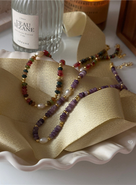 安小柏◆夏季新款天然石串珠彩色锁骨链淡水珍珠间隔项链叠戴女