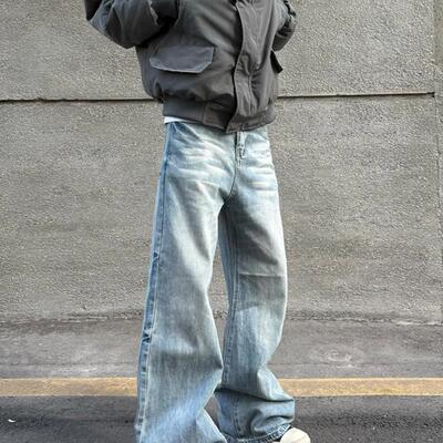 美式复古水洗蓝色磨白猫须微喇牛仔裤男女直筒百搭情侣宽松休闲裤