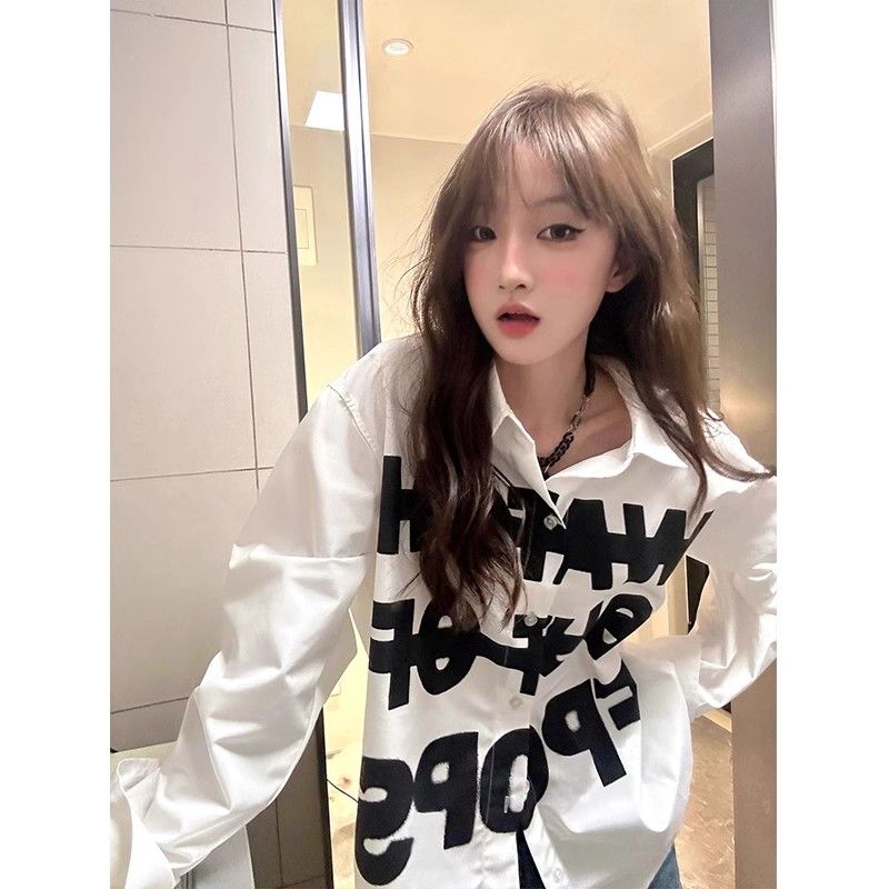 韩系慵懒风字母印花白色衬衫男女夏季宽松衬衣情侣上衣防晒外套潮