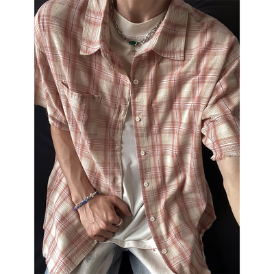流苏格子短袖衬衫男女夏季衬衣
