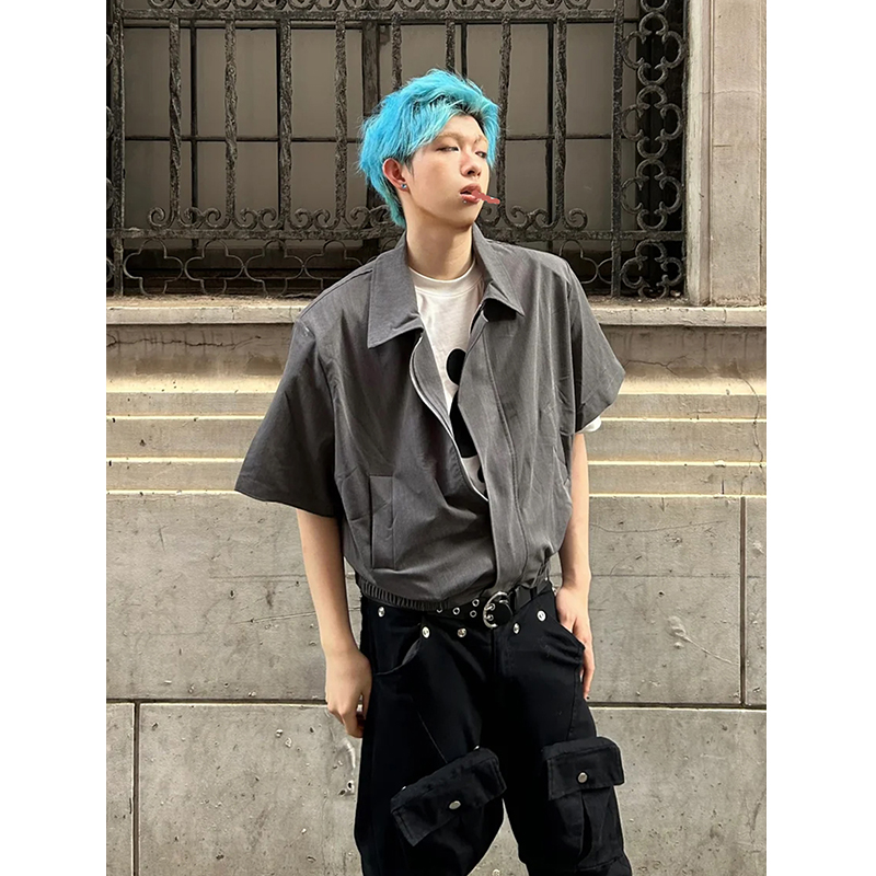 cleanfit廓形短宽小众拉链短袖衬衫夹克男款夏季宽松休闲垫肩外套