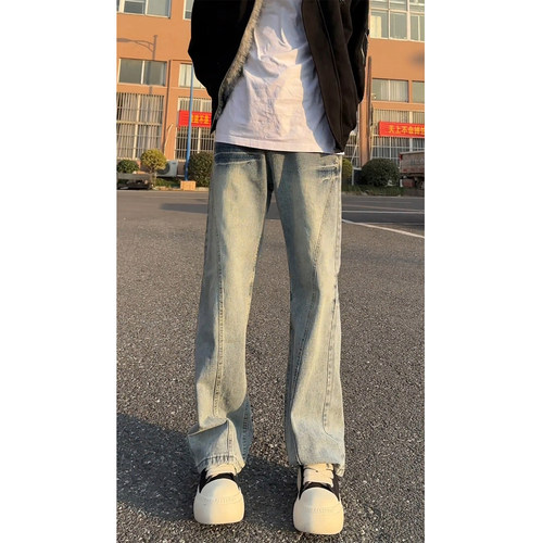 cleanfit秋季斜切蓝色闪电纹微喇牛仔裤男美式vibe风高街直筒裤子