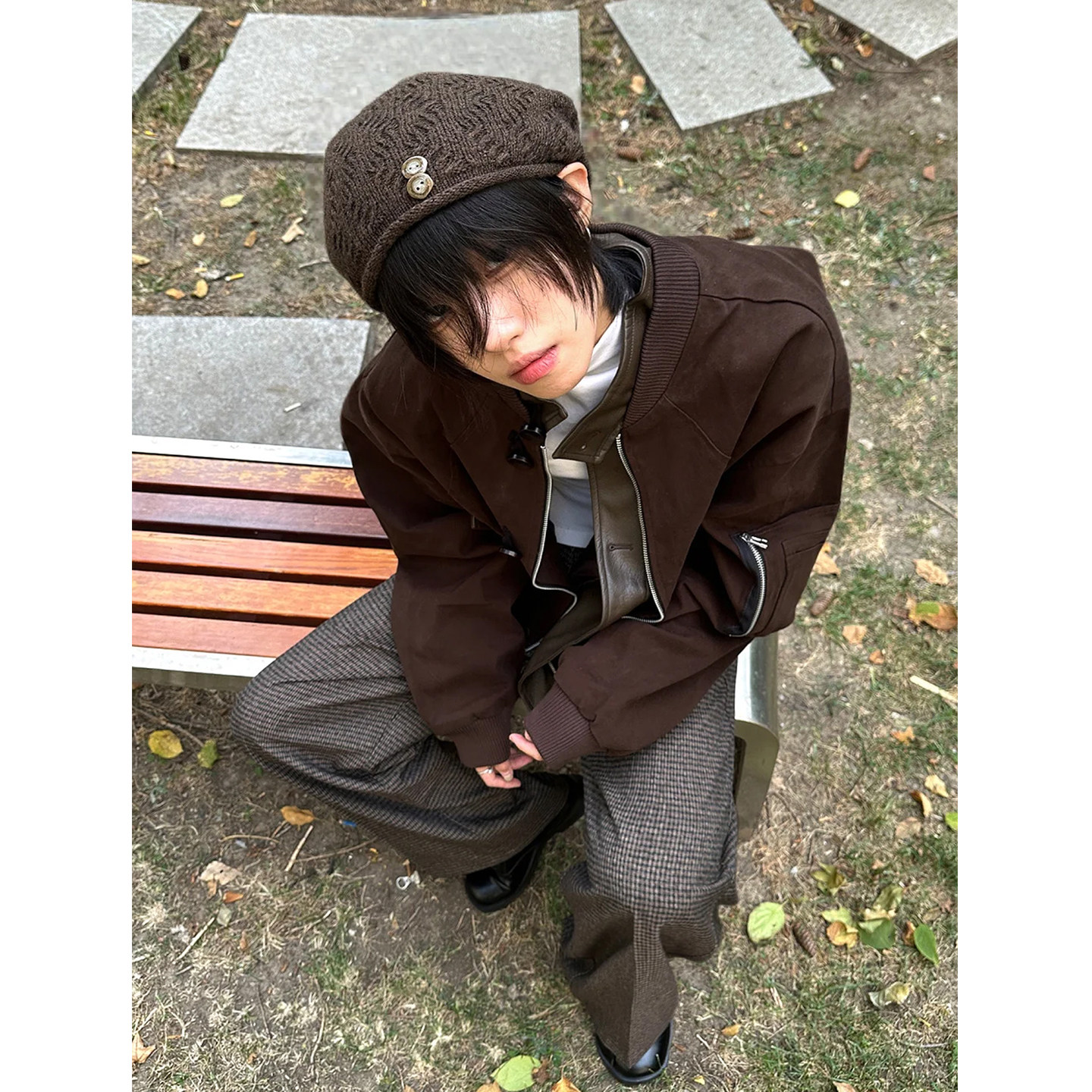 老钱风穿搭棕色夹克男女同款春秋美式复古松弛感工装百搭立领外套