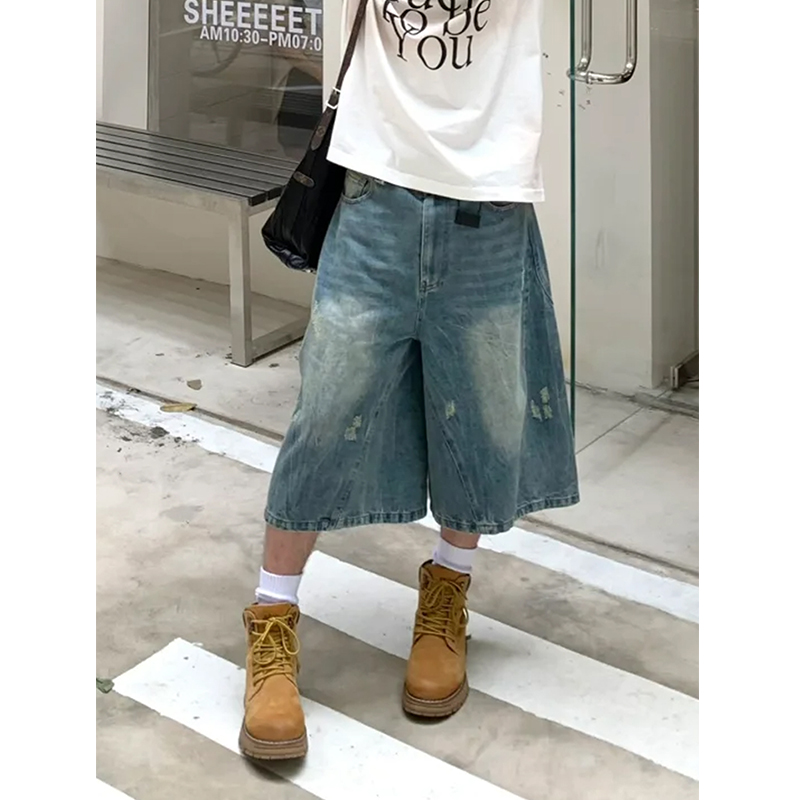 美式高街复古廓形七分牛仔裤男女款夏季潮牌水洗宽松休闲阔腿短裤