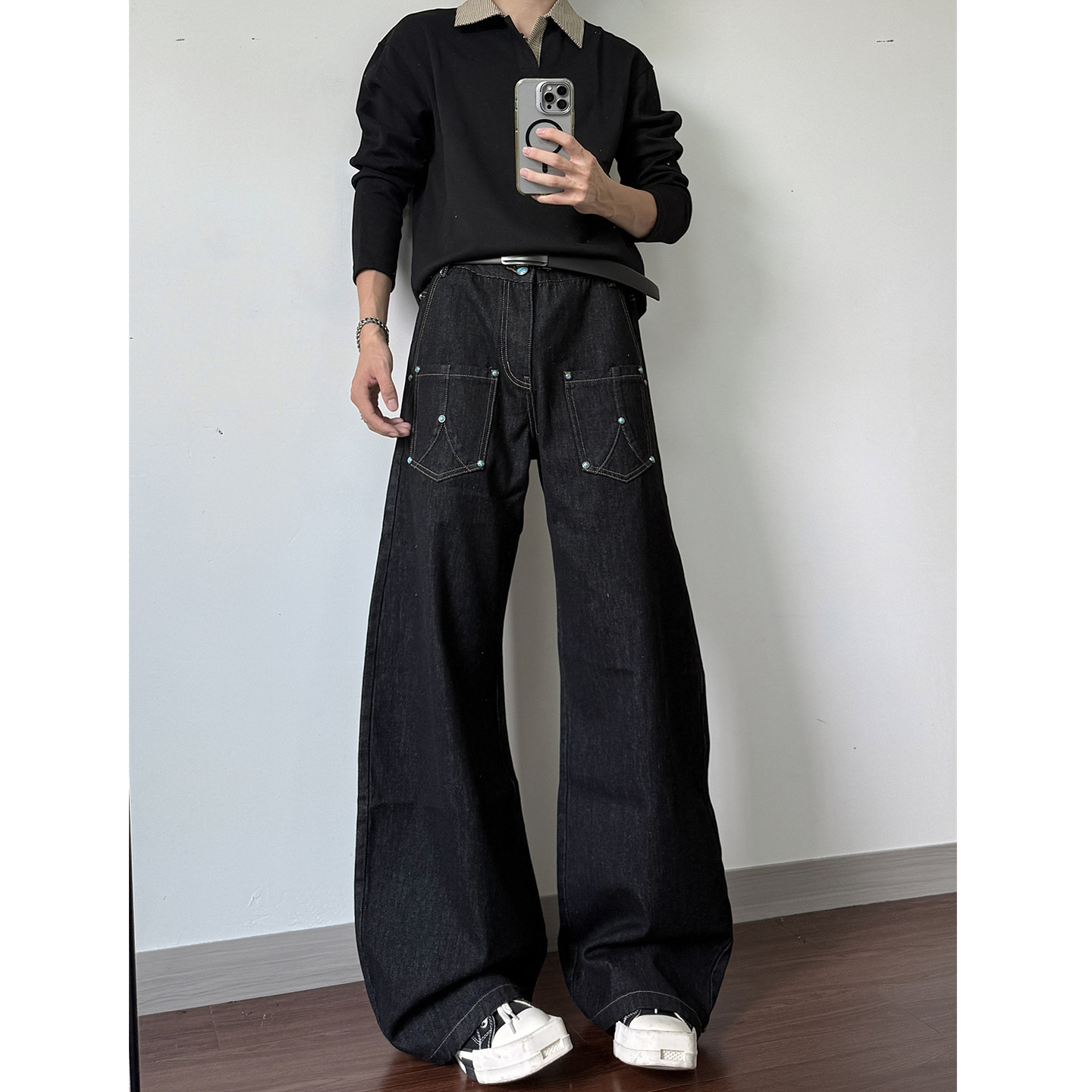 美式绿松石撞钉廓形黑色原牛弯刀牛仔裤男cleanfit直筒微喇长裤子