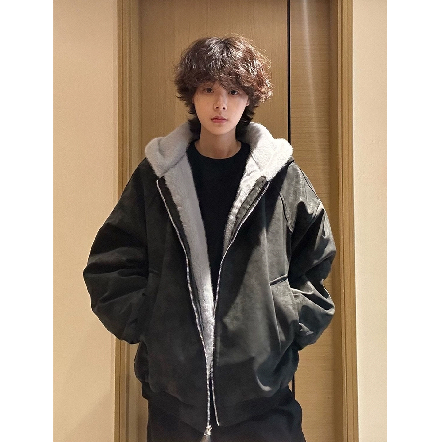 黑色pu皮连帽座山雕棉服外套男女款冬季加绒加厚廓形高街棉衣夹克