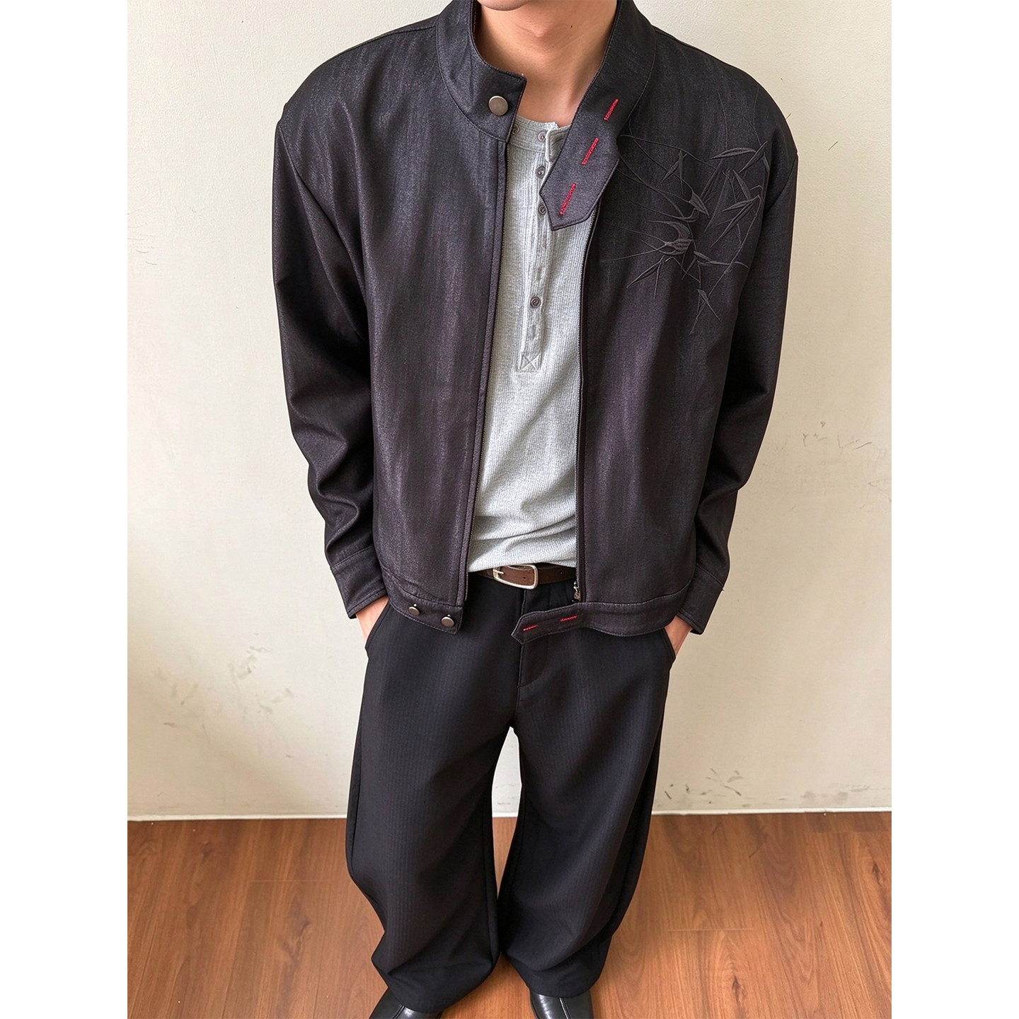 国潮新中式归雁刺绣哈灵顿正肩夹克男春秋季痞帅高级感棒球服外套