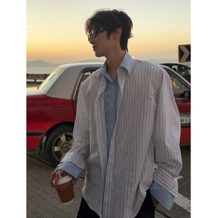 【春夏度假穿搭】条纹拼接宽松假两件衬衫男学院风防晒长袖款衬衣