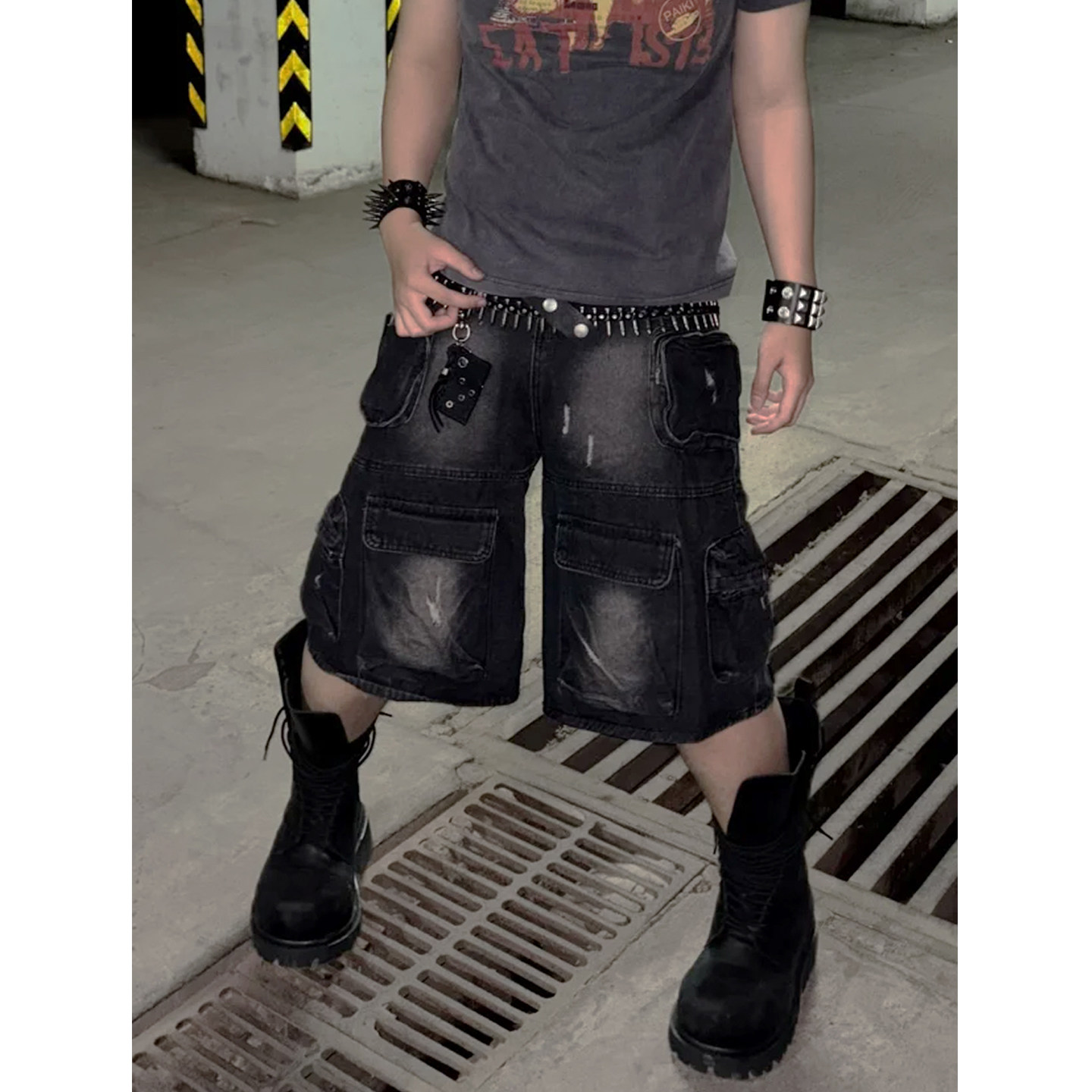 亚比朋克风重工多口袋牛仔短裤男款小众欧美式嘻哈破洞设计阔腿裤
