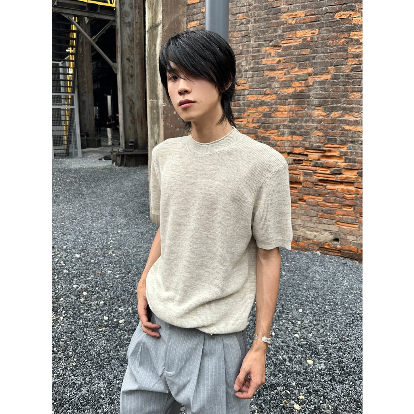 老钱风杏色针织领口卷边短袖T恤男夏季透气简约百搭休闲半袖上衣