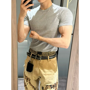 灰色美式健身短袖T恤男款夏季凉感空气棉运动训练半袖正肩收口袖