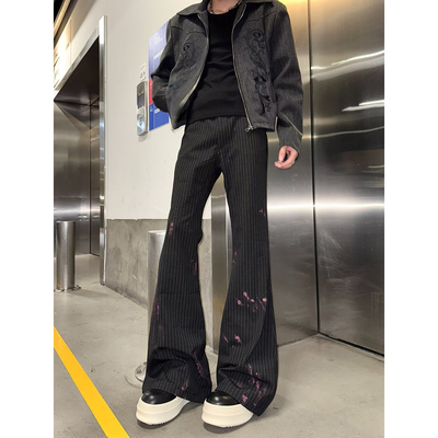 高级感血染泼墨cleanfit条纹西裤男抗皱垂感宽松直筒微喇拖地长裤