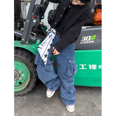 美式复古法工蓝灯芯绒工装裤男cargo炮弹立体口袋宽松打褶阔腿裤
