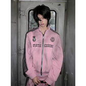 喷脏做旧立领夹克 粉色四条杠卫衣外套男女春秋冬美式 明星同款