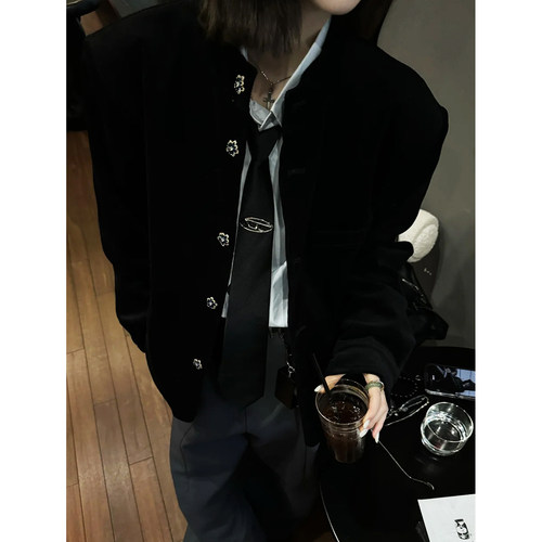 黑色高质感灯芯绒优雅新贵风立领西装夹克外套男女款新中式中山装