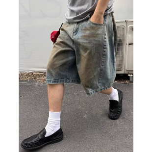 美式复古脏染抓痕水洗做旧牛仔短裤男女宽松休闲廓形阔腿五分裤子