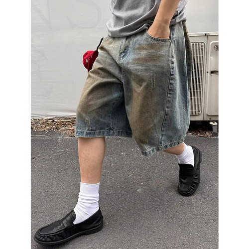 美式复古脏染抓痕水洗做旧牛仔短裤男女宽松休闲廓形阔腿五分裤子