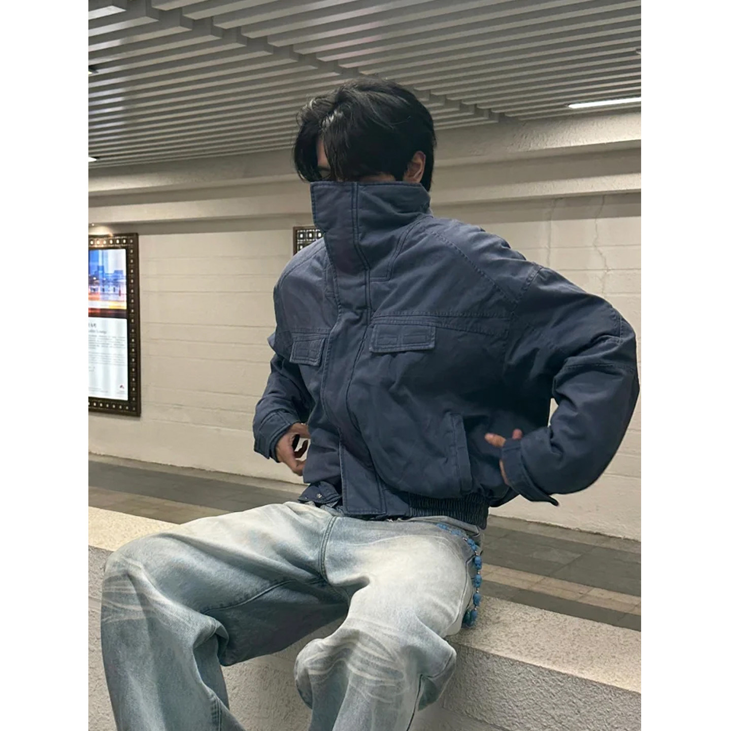 bomber廓形短宽法工蓝飞行员立领工装夹克男春秋款美式棒球服外套