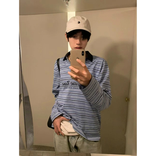 蓝色条纹标语印花长袖Polo领T恤卫衣男女同款美式复古慵懒感上衣