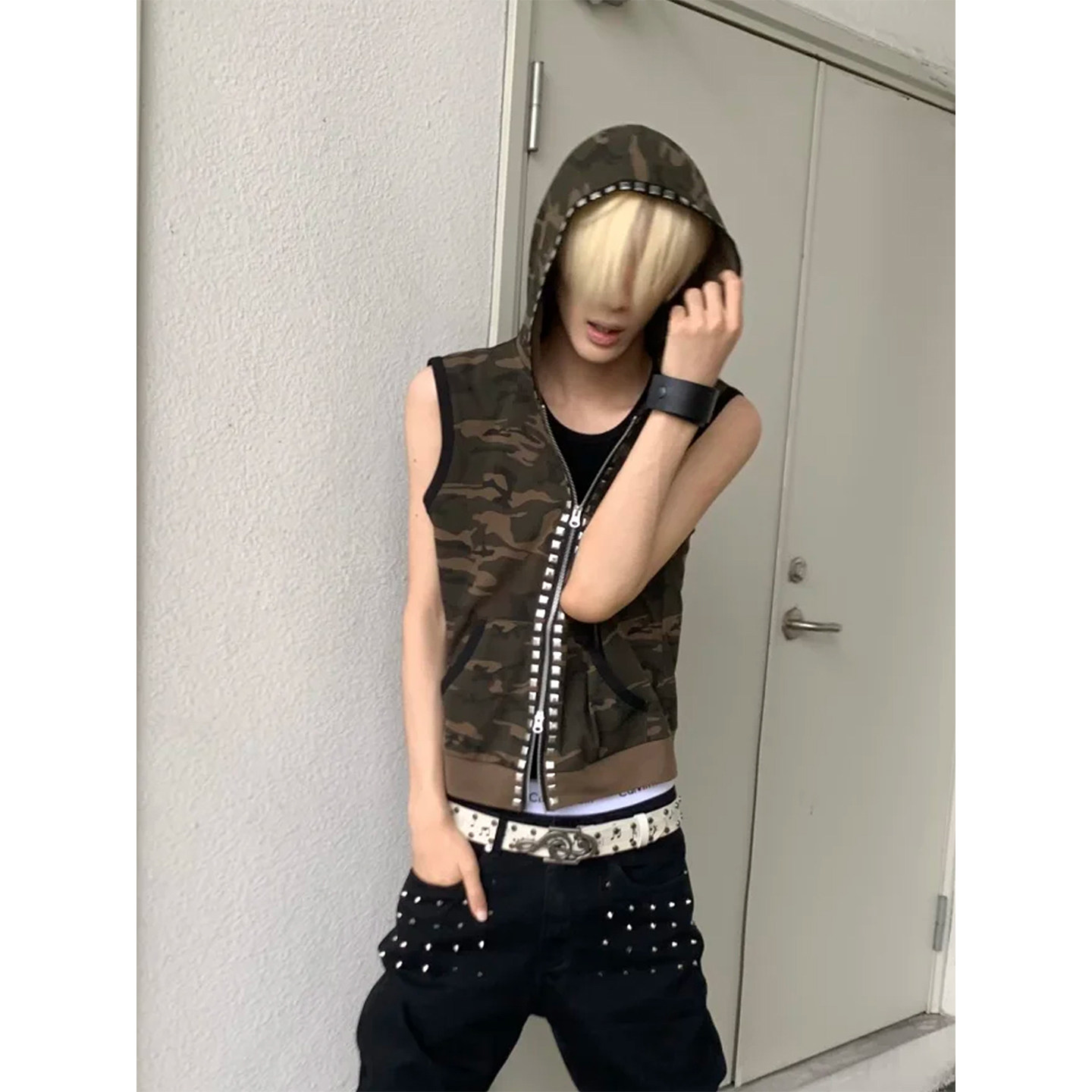 y2k风轻亚迷彩铆钉设计感拉链背心马甲男女小众修身无袖坎肩外套