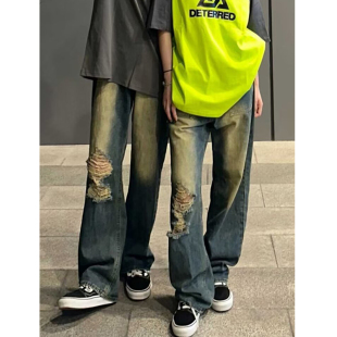 美式vibe复古破洞牛仔裤男女潮牌高街嘻哈宽松直筒做旧阔腿长裤子