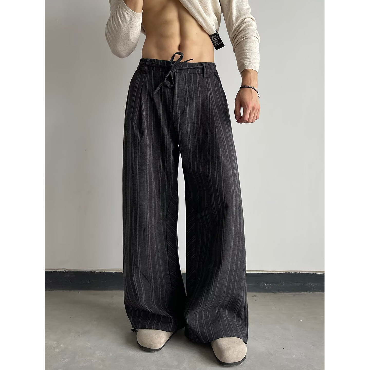 美式复古高质感条纹阔腿西裤男宽松直筒老钱松弛感抽绳打褶休闲裤