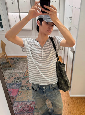 条纹松弛感纽扣半开衫短袖T恤男女夏季慵懒微透宽松显瘦连帽上衣